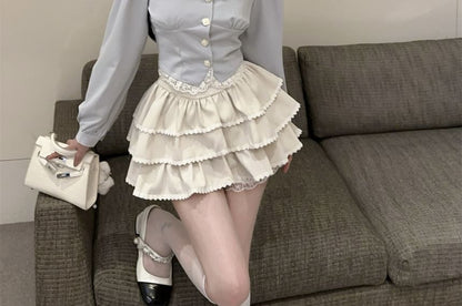 Contrast Collar Blouse with Lace Trim and Tiered Mini Skirt