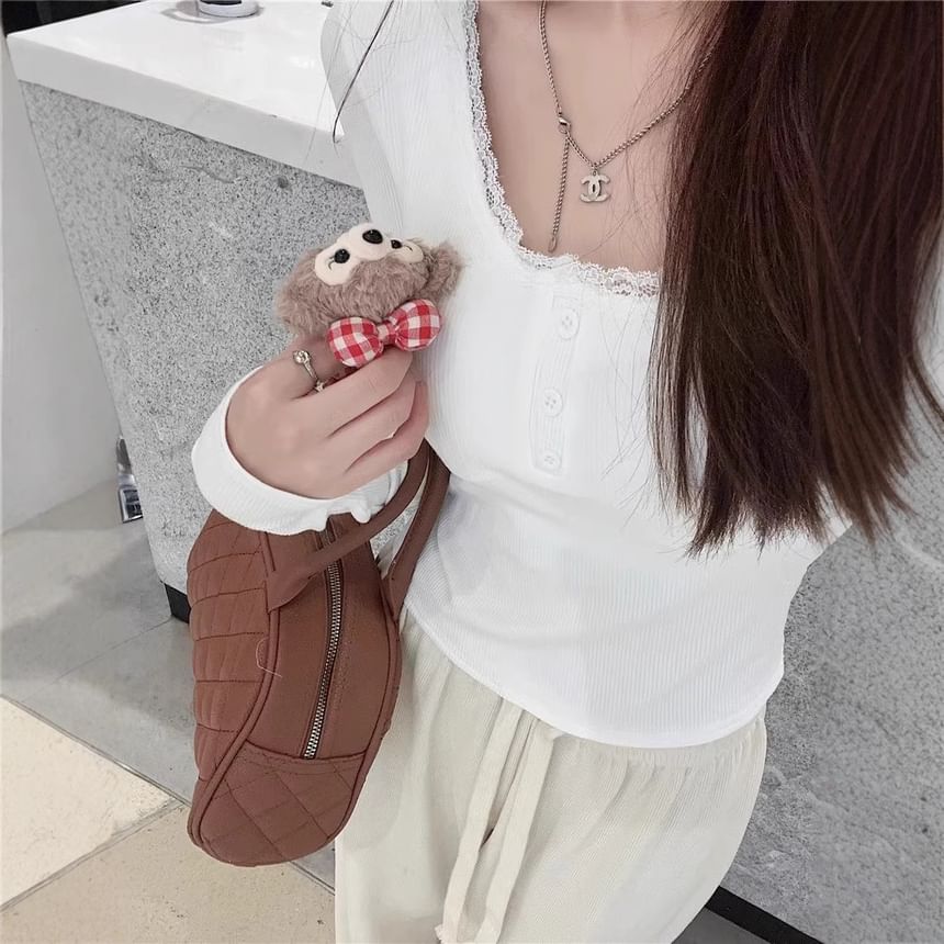 Scoop Neck Lace Trim Fitted Long Sleeve Top
