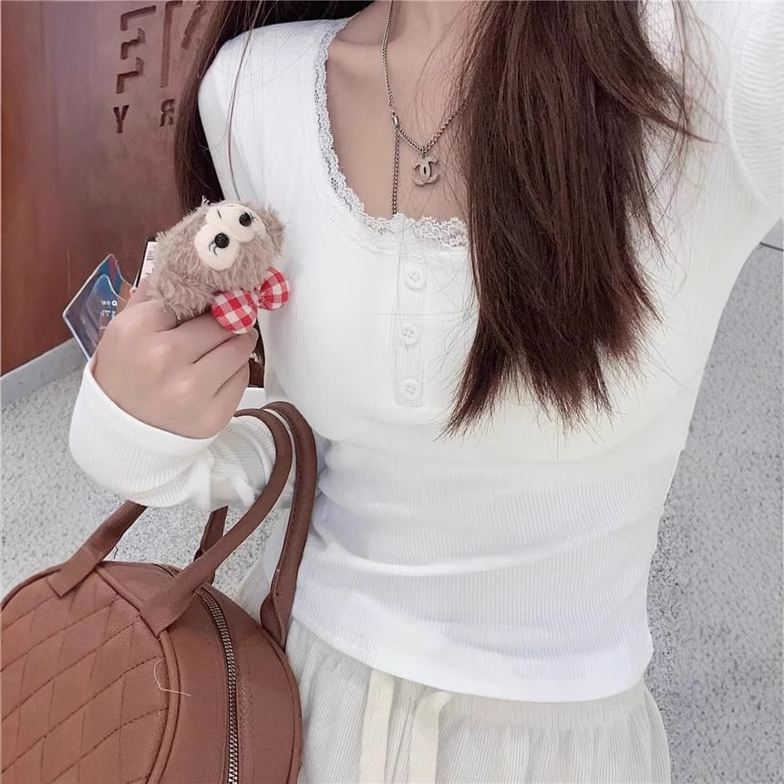 Scoop Neck Lace Trim Fitted Long Sleeve Top