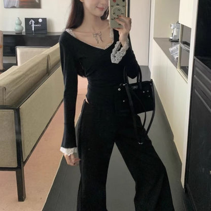 Flared Sleeve Lace Trim Fitted V-Neck Top