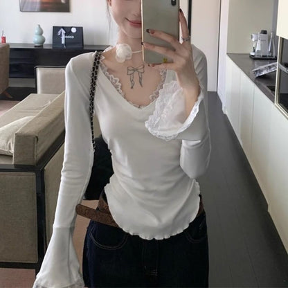 Flared Sleeve Lace Trim Fitted V-Neck Top