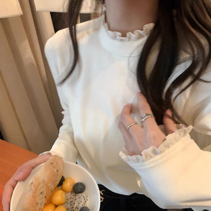 Mock Neck Lace Trim Fitted Bell Sleeve Top