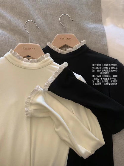 Mock Neck Lace Trim Fitted Bell Sleeve Top