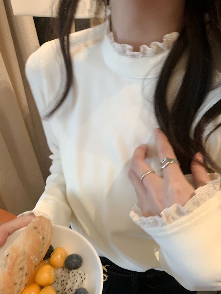 Mock Neck Lace Trim Fitted Bell Sleeve Top