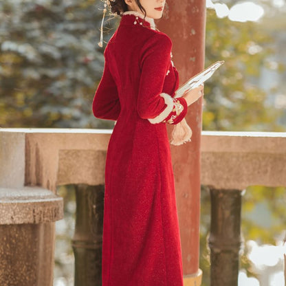 Long Sleeve Stand Collar Embroidery Tassel Midi Cheongsam Dress