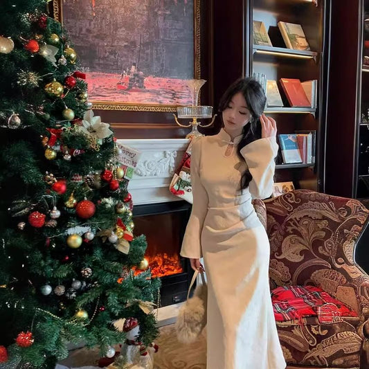 Long Sleeves Mandarin Collar Plain Midi Qipao