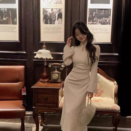 Long Sleeves Mandarin Collar Plain Midi Qipao
