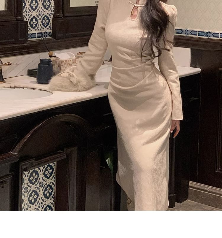 Long Sleeves Mandarin Collar Plain Midi Qipao