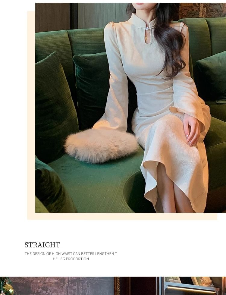 Long Sleeves Mandarin Collar Plain Midi Qipao