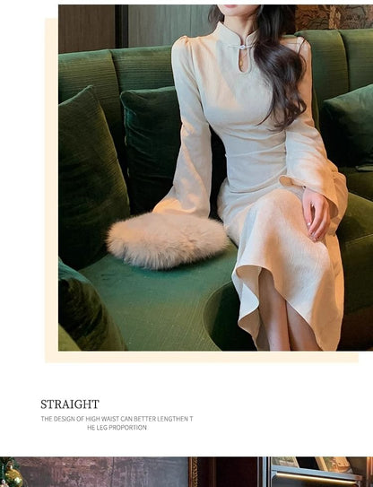 Long Sleeves Mandarin Collar Plain Midi Qipao
