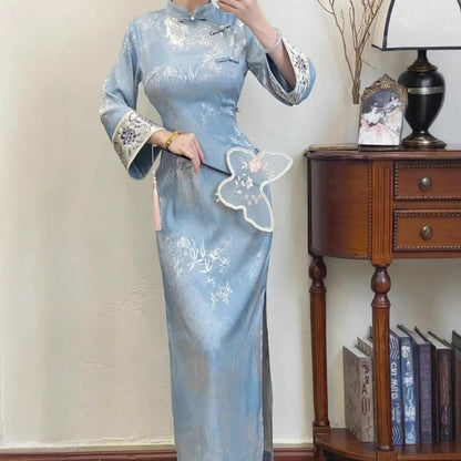 Long Sleeve Mandarin Collar Floral Print Maxi Qipao