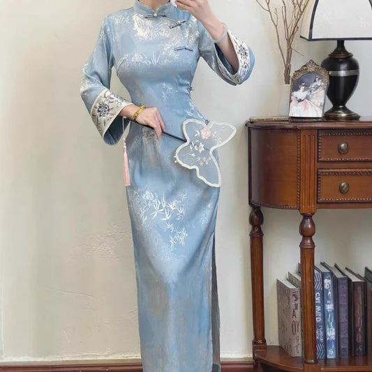 Long Sleeve Mandarin Collar Floral Print Maxi Qipao