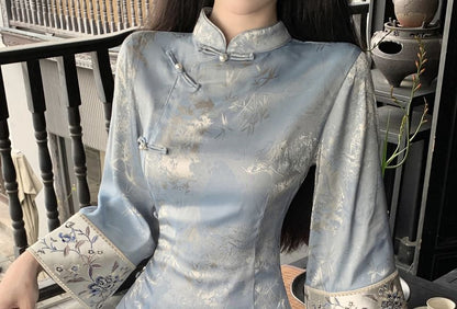 Long Sleeve Mandarin Collar Floral Print Maxi Qipao