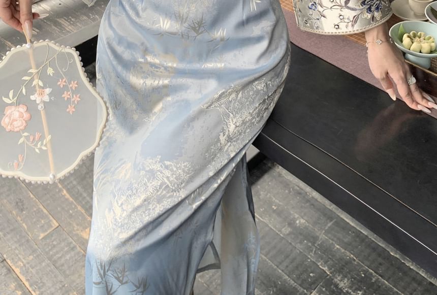 Long Sleeve Mandarin Collar Floral Print Maxi Qipao