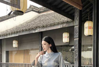 Long Sleeve Mandarin Collar Floral Print Maxi Qipao