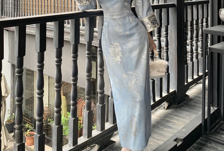 Long Sleeve Mandarin Collar Floral Print Maxi Qipao