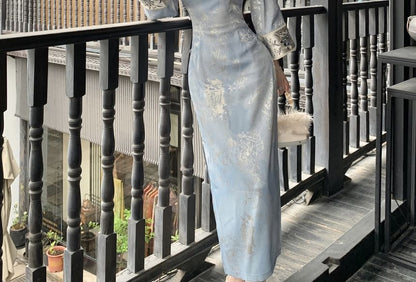 Long Sleeve Mandarin Collar Floral Print Maxi Qipao