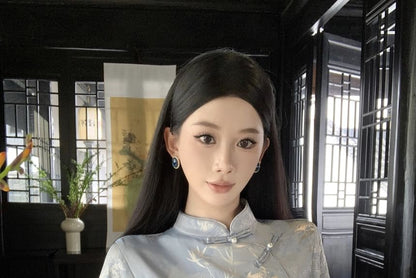 Long Sleeve Mandarin Collar Floral Print Maxi Qipao