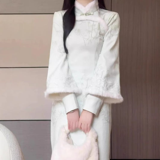 Long Sleeve Stand Collar Fluffy Trim Midi Qipao
