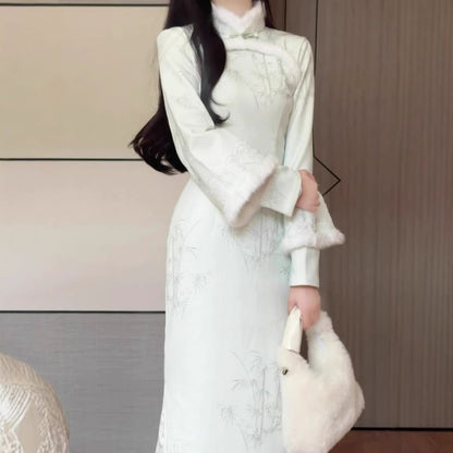 Long Sleeve Stand Collar Fluffy Trim Midi Qipao