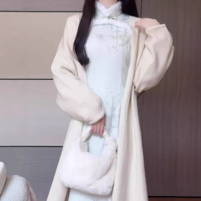 Long Sleeve Stand Collar Fluffy Trim Midi Qipao