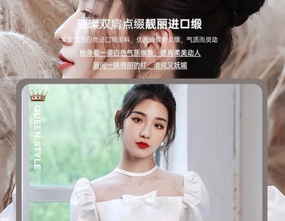 Plain Neck Wedding Bowknot Square A-Line Short Gown Sleeve