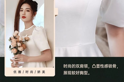 Short Sleeve Square Neck Bowknot Plain A-Line Wedding Gown