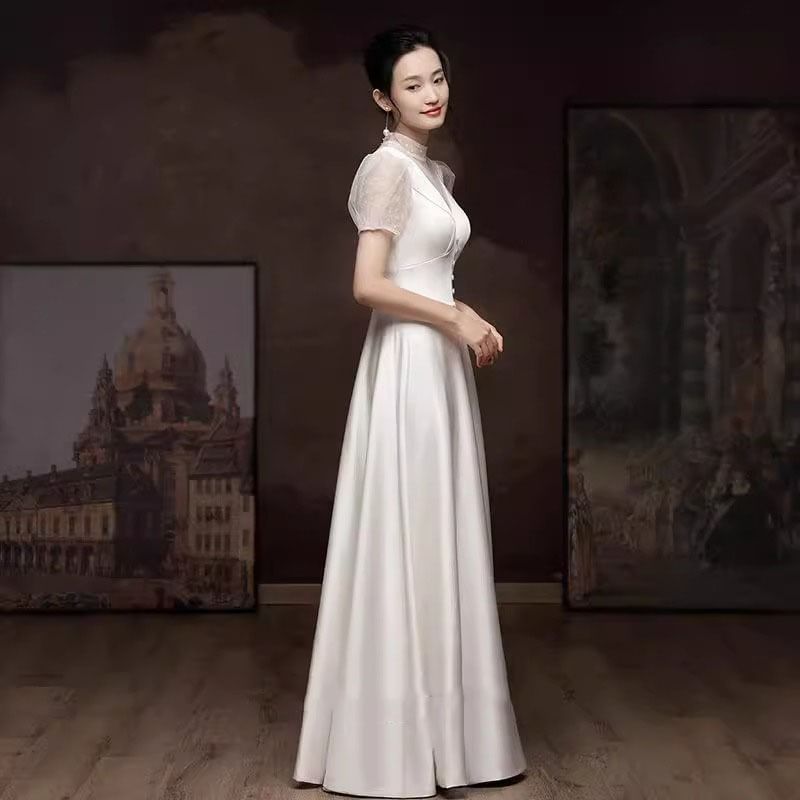 Short Sleeve Polka Dot Sheer Panel A-Line Wedding Gown