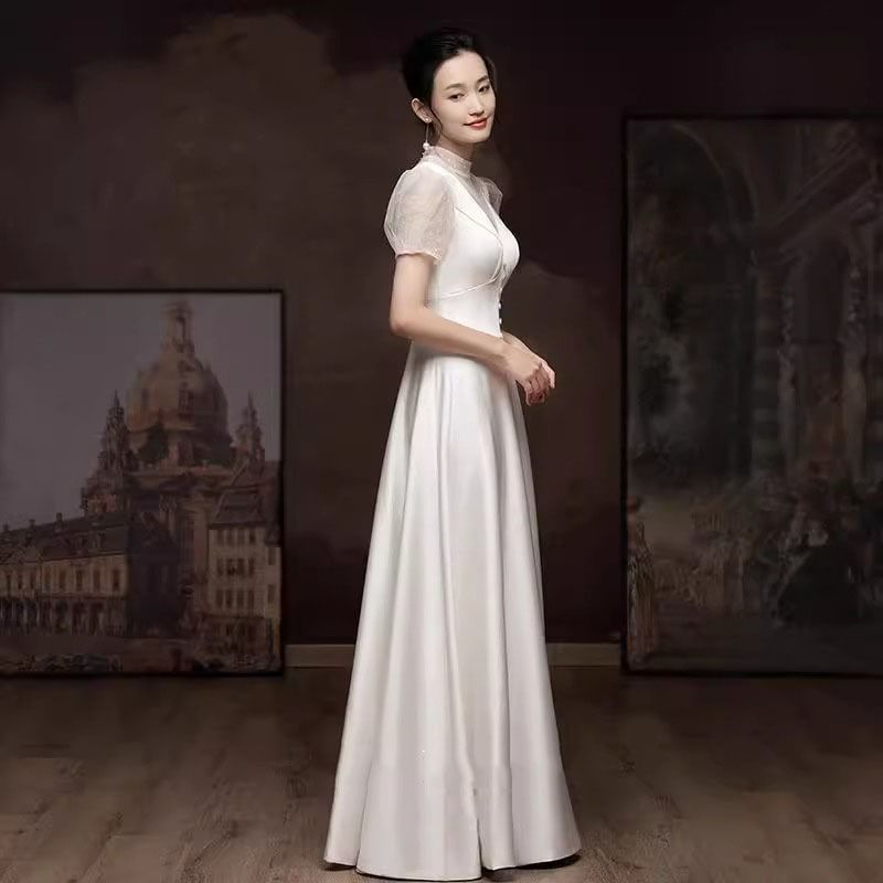 Short Sleeve Polka Dot Sheer Panel A-Line Wedding Gown