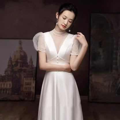 Short Sleeve Polka Dot Sheer Panel A-Line Wedding Gown