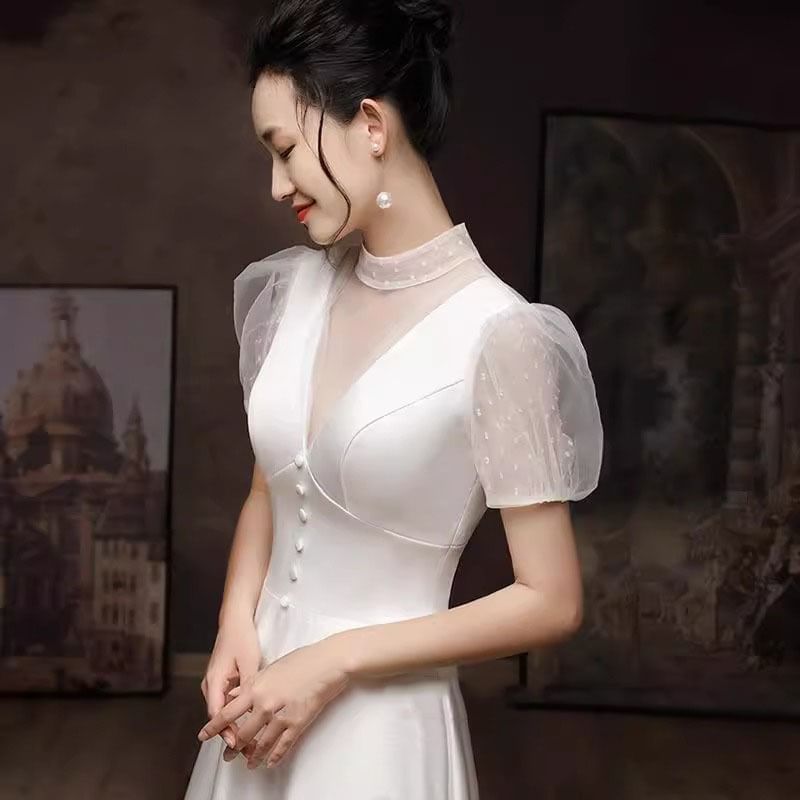 Short Sleeve Polka Dot Sheer Panel A-Line Wedding Gown
