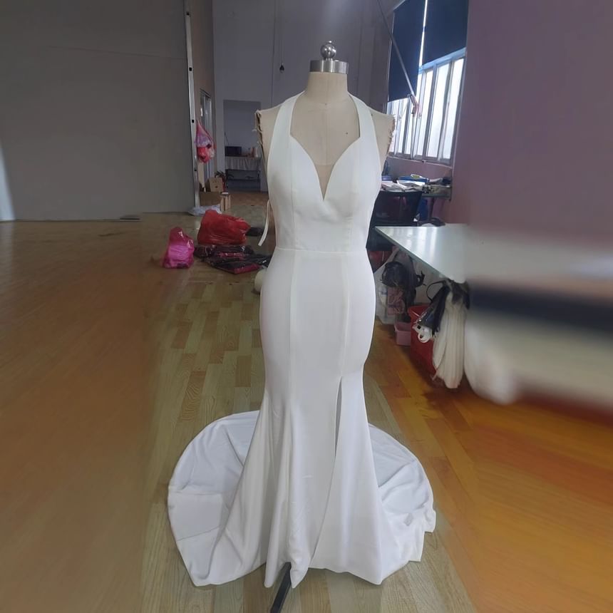 Sleeveless V-Neck Plain Slit A-Line Wedding Dress