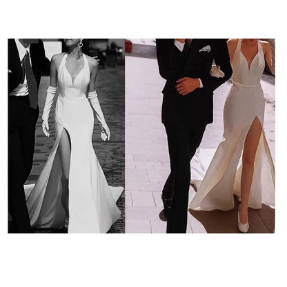 Sleeveless V-Neck Plain Slit A-Line Wedding Dress