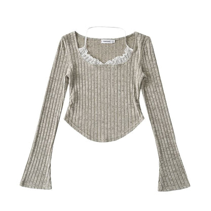 Asymmetrical Ribbed Tee with Flared Sleeves and Scoop Neck
