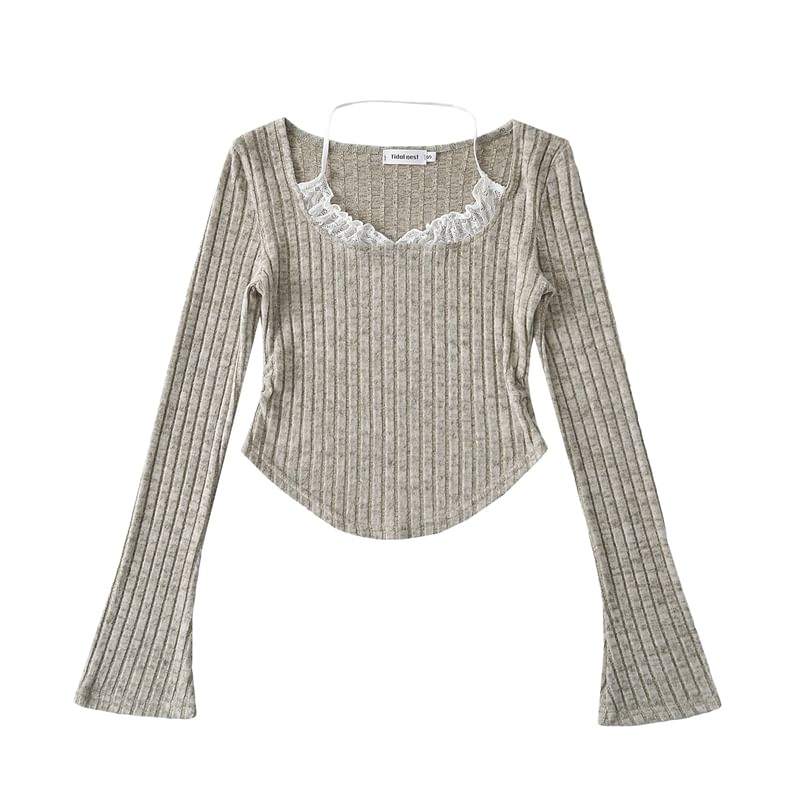 Asymmetrical Ribbed Tee with Flared Sleeves and Scoop Neck