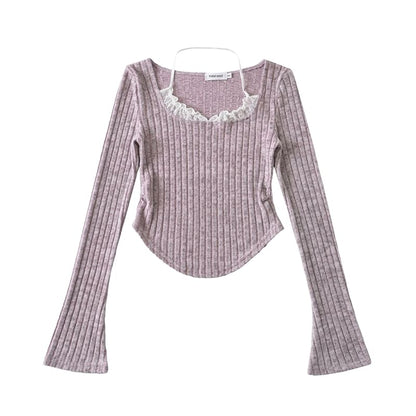 Asymmetrical Ribbed Tee with Flared Sleeves and Scoop Neck