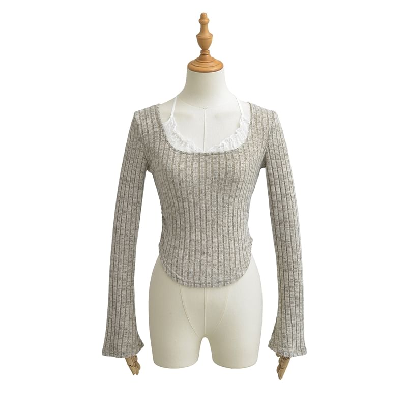 Asymmetrical Ribbed Tee with Flared Sleeves and Scoop Neck