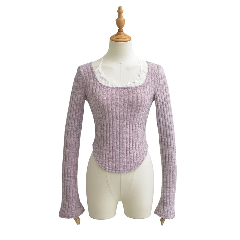 Asymmetrical Ribbed Tee with Flared Sleeves and Scoop Neck
