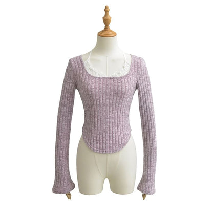 Asymmetrical Ribbed Tee with Flared Sleeves and Scoop Neck