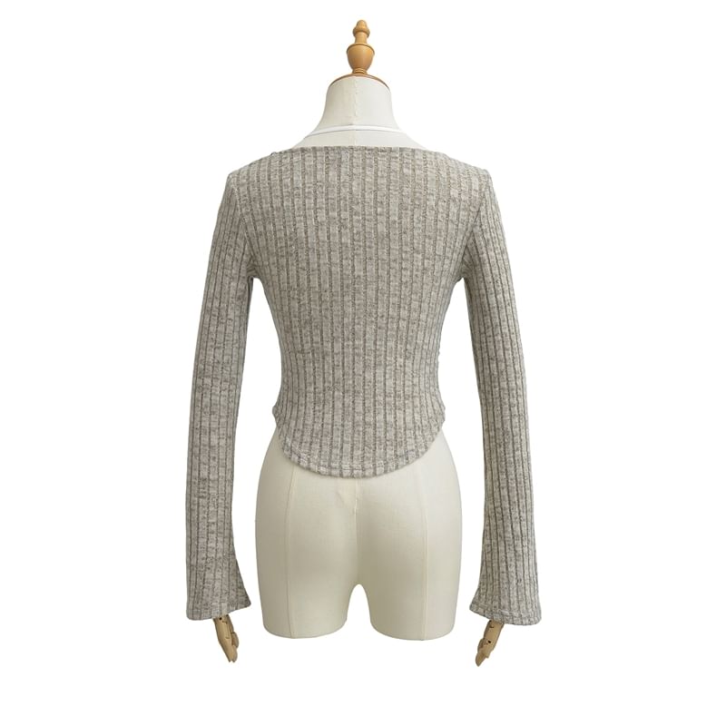 Asymmetrical Ribbed Tee with Flared Sleeves and Scoop Neck