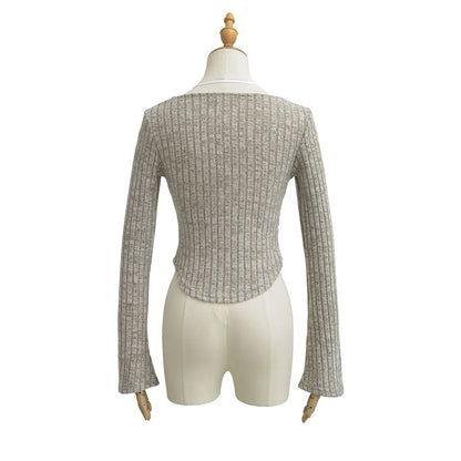 Asymmetrical Ribbed Tee with Flared Sleeves and Scoop Neck