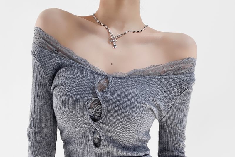 Ribbed V-Neck Knit Top with Lace Trim and Long Sleeves