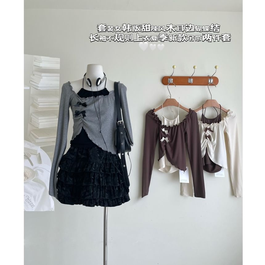 Long-Sleeve Square Neck Asymmetrical Crop Top / Halter Neck Top / Mini A-Line Skirt / Set