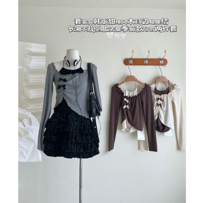 Long-Sleeve Square Neck Asymmetrical Crop Top / Halter Neck Top / Mini A-Line Skirt / Set