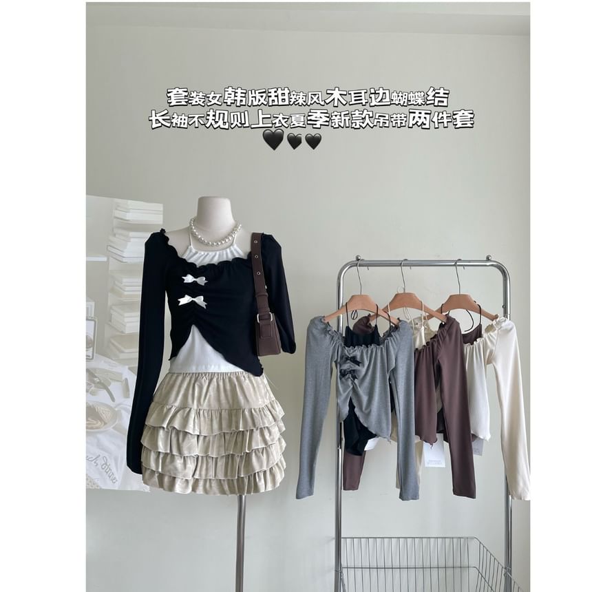 Long-Sleeve Square Neck Asymmetrical Crop Top / Halter Neck Top / Mini A-Line Skirt / Set