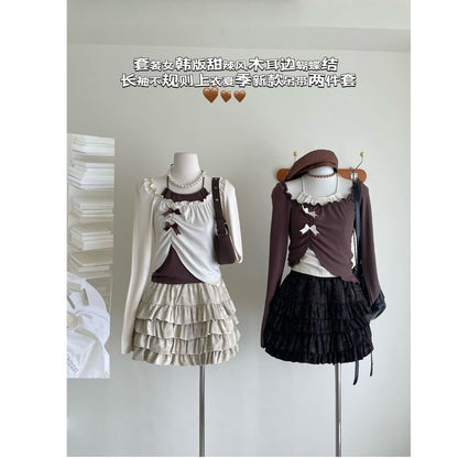 Long-Sleeve Square Neck Asymmetrical Crop Top / Halter Neck Top / Mini A-Line Skirt / Set