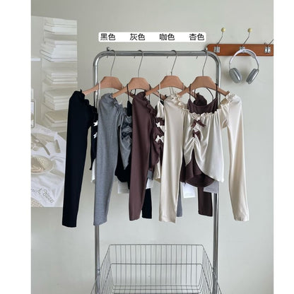 Long-Sleeve Square Neck Asymmetrical Crop Top / Halter Neck Top / Mini A-Line Skirt / Set