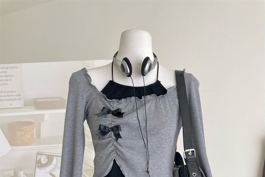 Long-Sleeve Square Neck Asymmetrical Crop Top / Halter Neck Top / Mini A-Line Skirt / Set