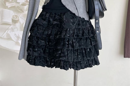 Long-Sleeve Square Neck Asymmetrical Crop Top / Halter Neck Top / Mini A-Line Skirt / Set