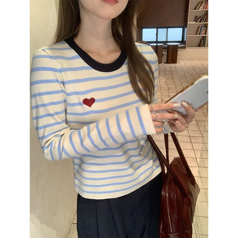 Long-Sleeve Round Neck Striped Embroidered Contrast Trim Knit Top